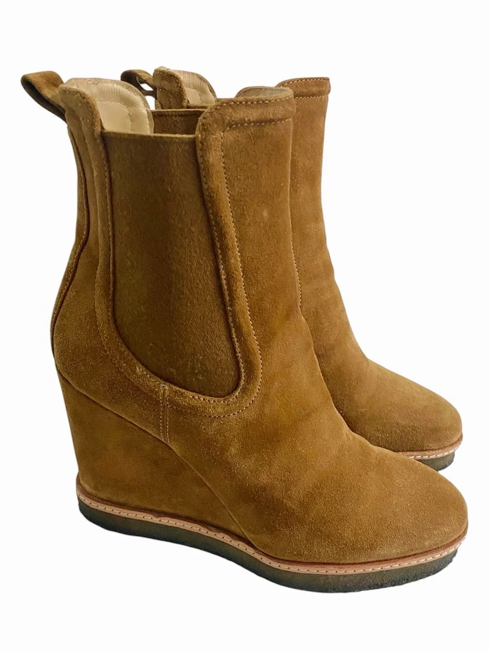 Veronica Beard Aari Wedge Heel Chelsea Boots 38 Size 8 Brown Leather Suede